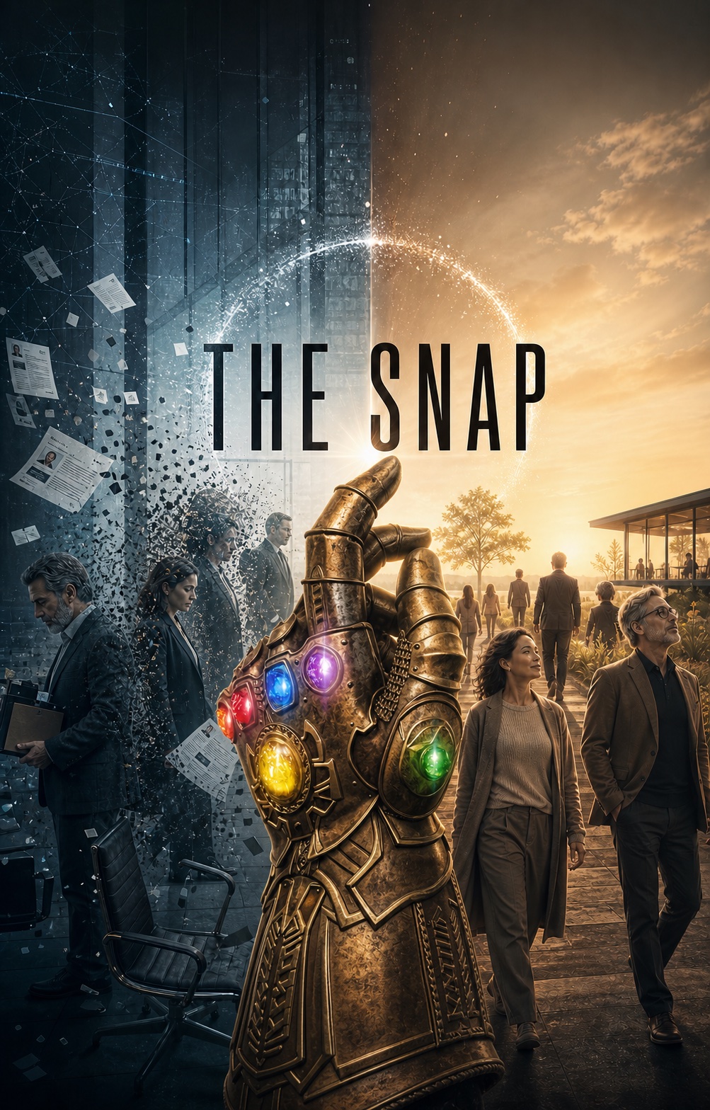 The Snap: on one side, professionals dissolving out of a grey corporate world. On the other, people walking into a golden sunrise toward what they build next.